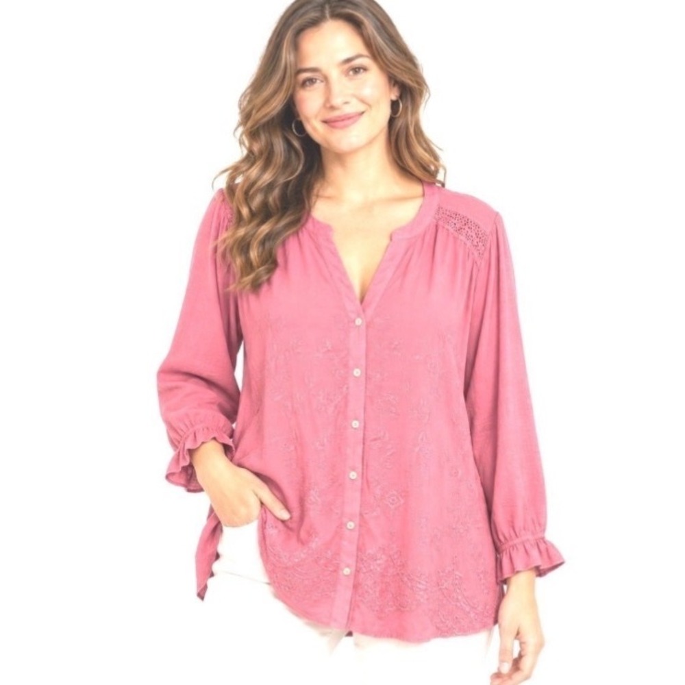 Democracy 3X Mauve Pink Embroidered Button Down Blouse Boho 3/4 Sleeves